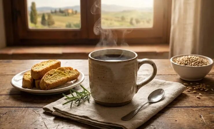 tazza della Tisana all'orzo e cicoria con biscotti secchi