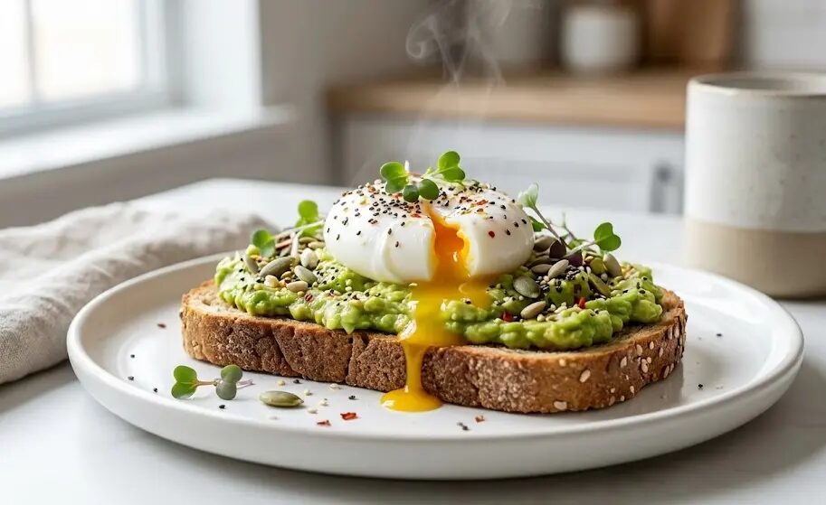 colazione salata sana: Toast integrale con avocado, uovo in camicia e semi