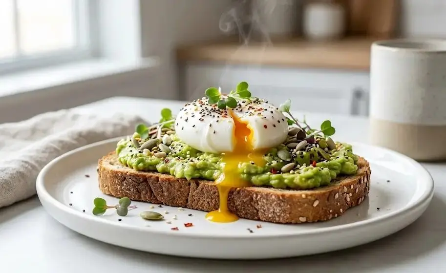 colazione salata sana: Toast integrale con avocado, uovo in camicia e semi