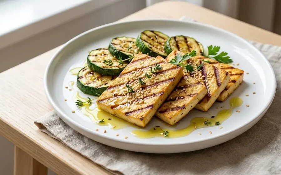 piatto con Tofu Low FODMAP alla piastra con zucchine