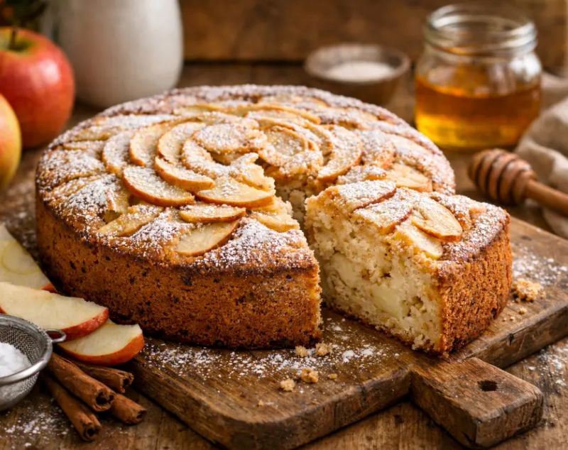 Torta Integrale alle Mele Senza Burro su tagliere di legno