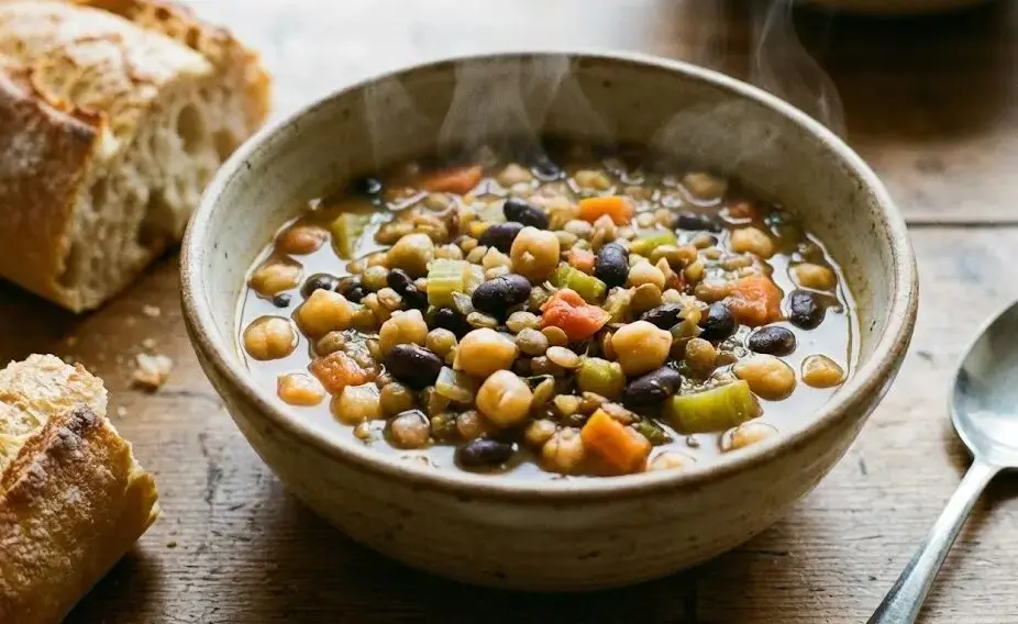 Zuppa di legumi fumante con pane rustico