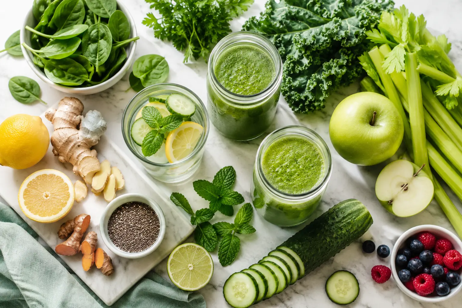 Composizione di ingredienti detox freschi: verdure a foglia verde, cetriolo, limone, zenzero, mela verde e frullati verdi