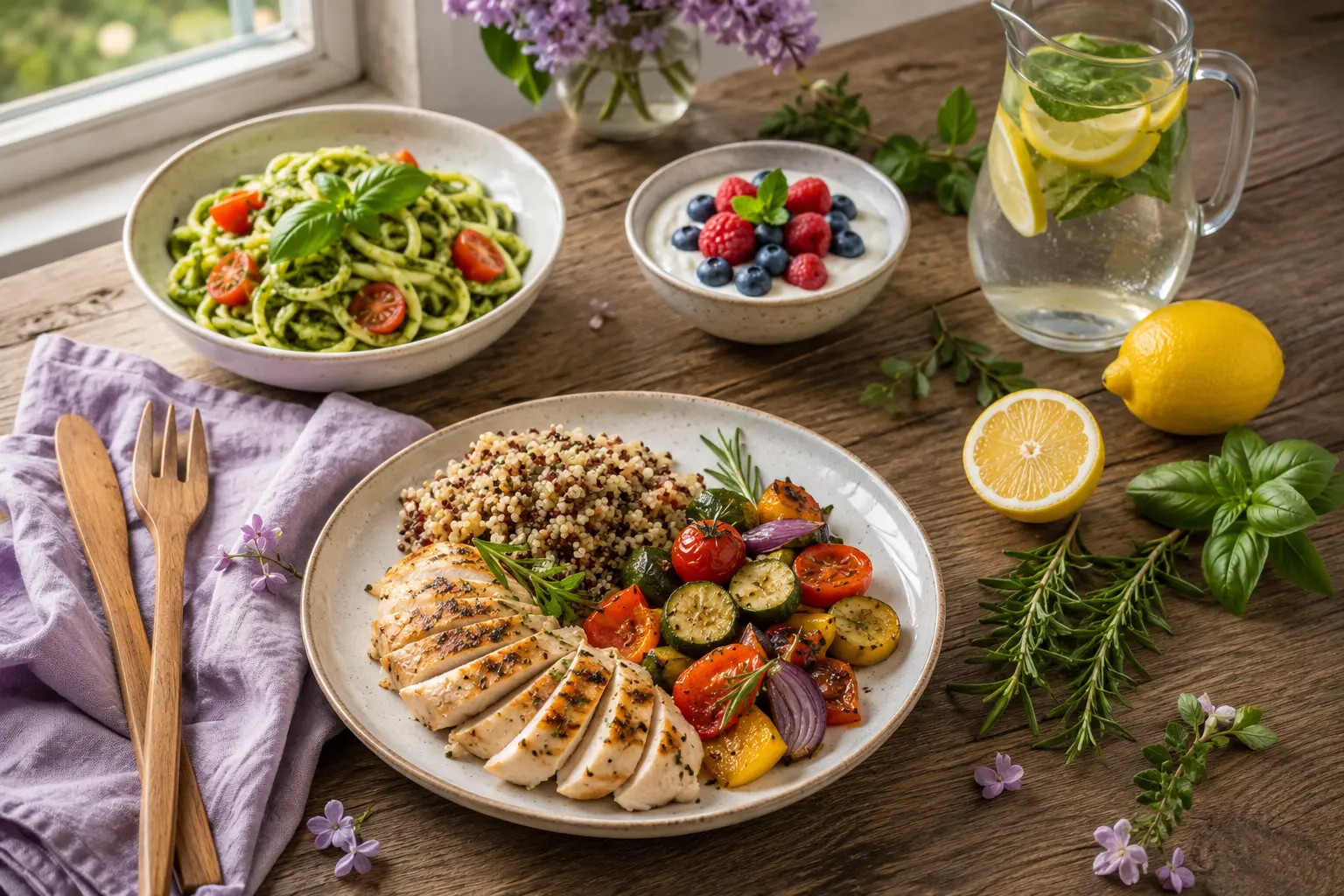 Tavolo in legno con ricette light: pollo grigliato e quinoa, zoodles al pesto, yogurt con frutti di bosco ed erbe fresche