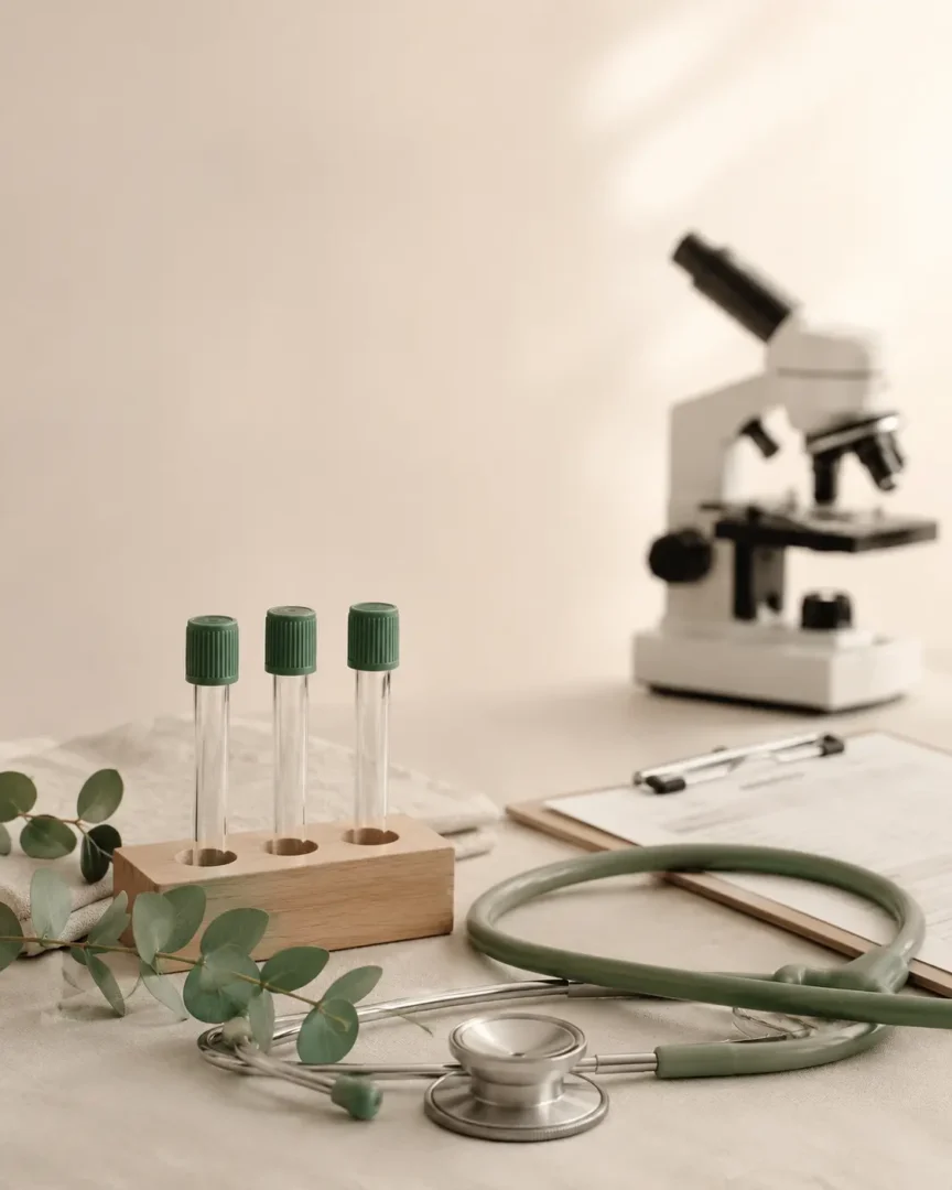 Strumenti per esami diagnostici disposti con ordine su un piano chiaro: guida completa agli esami medici, con preparazione, svolgimento e interpretazione dei risultati dalla A alla Z
