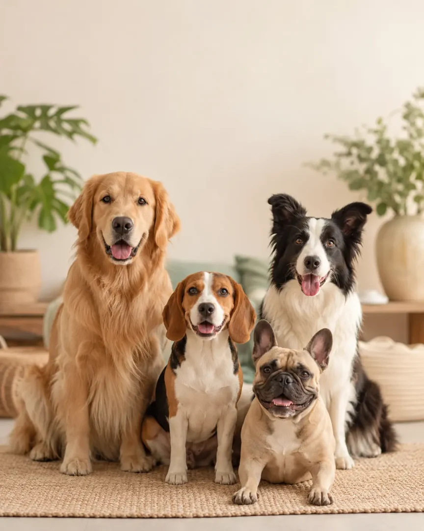 Gruppo di cani di razze diverse seduti insieme, sereni e in salute: guida completa alle razze canine, origini e temperamento