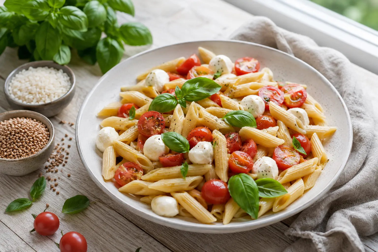 Ricette per celiaci: penne senza glutine con pomodorini, basilico e mozzarella, piatto colorato e sicuro