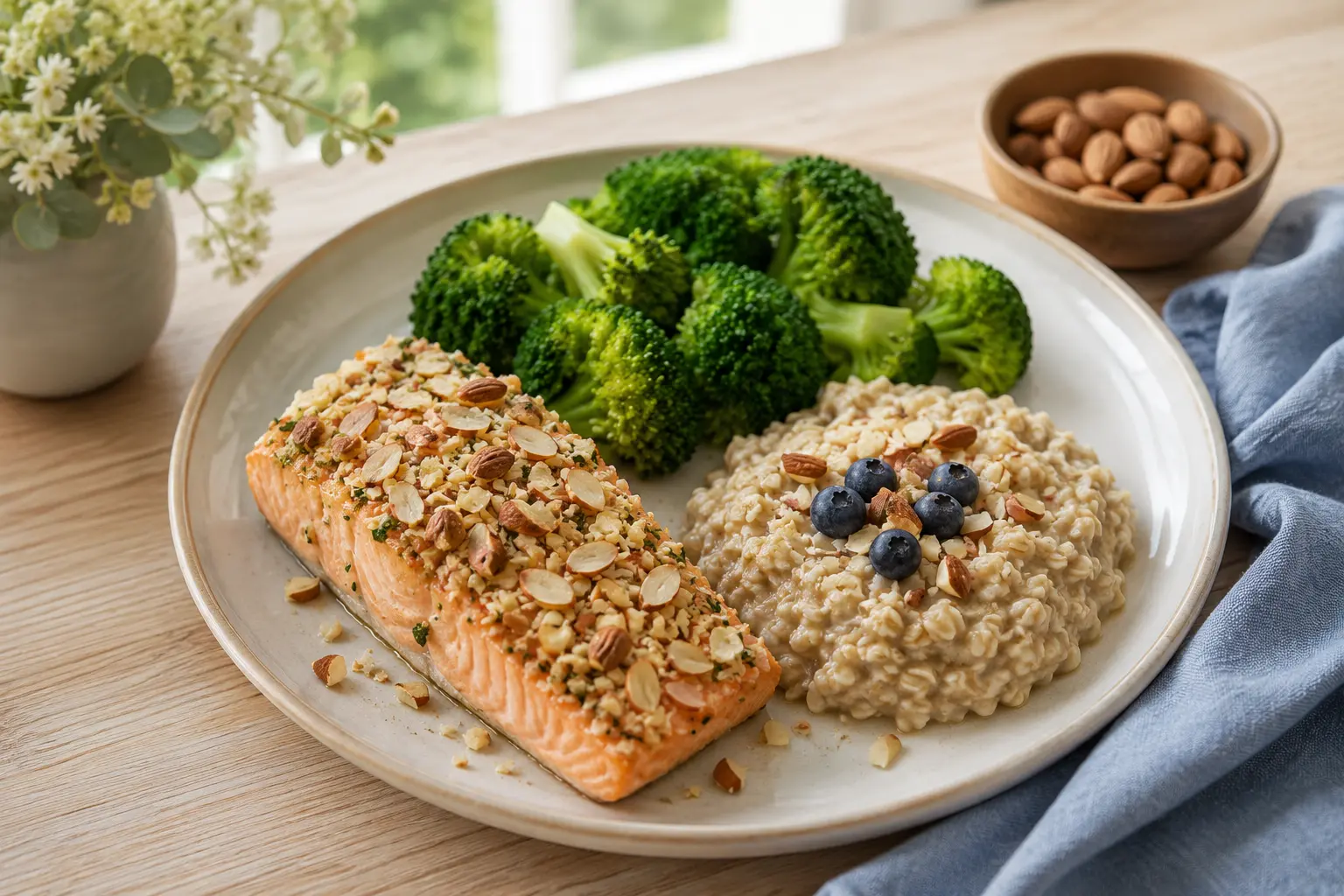 Ricette per colesterolo alto: salmone al forno in crosta di mandorle con broccoli al vapore e avena