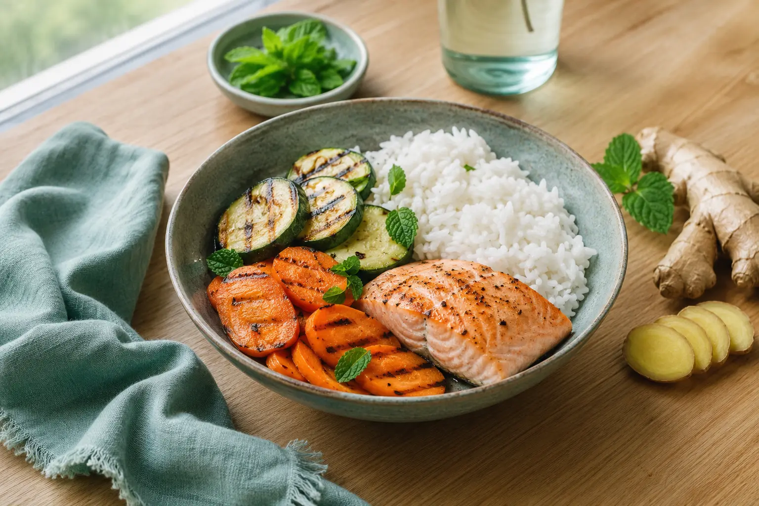 Ricette per colon irritabile: riso bianco con zucchine e carote, salmone al forno e zenzero, piatto leggero low FODMAP