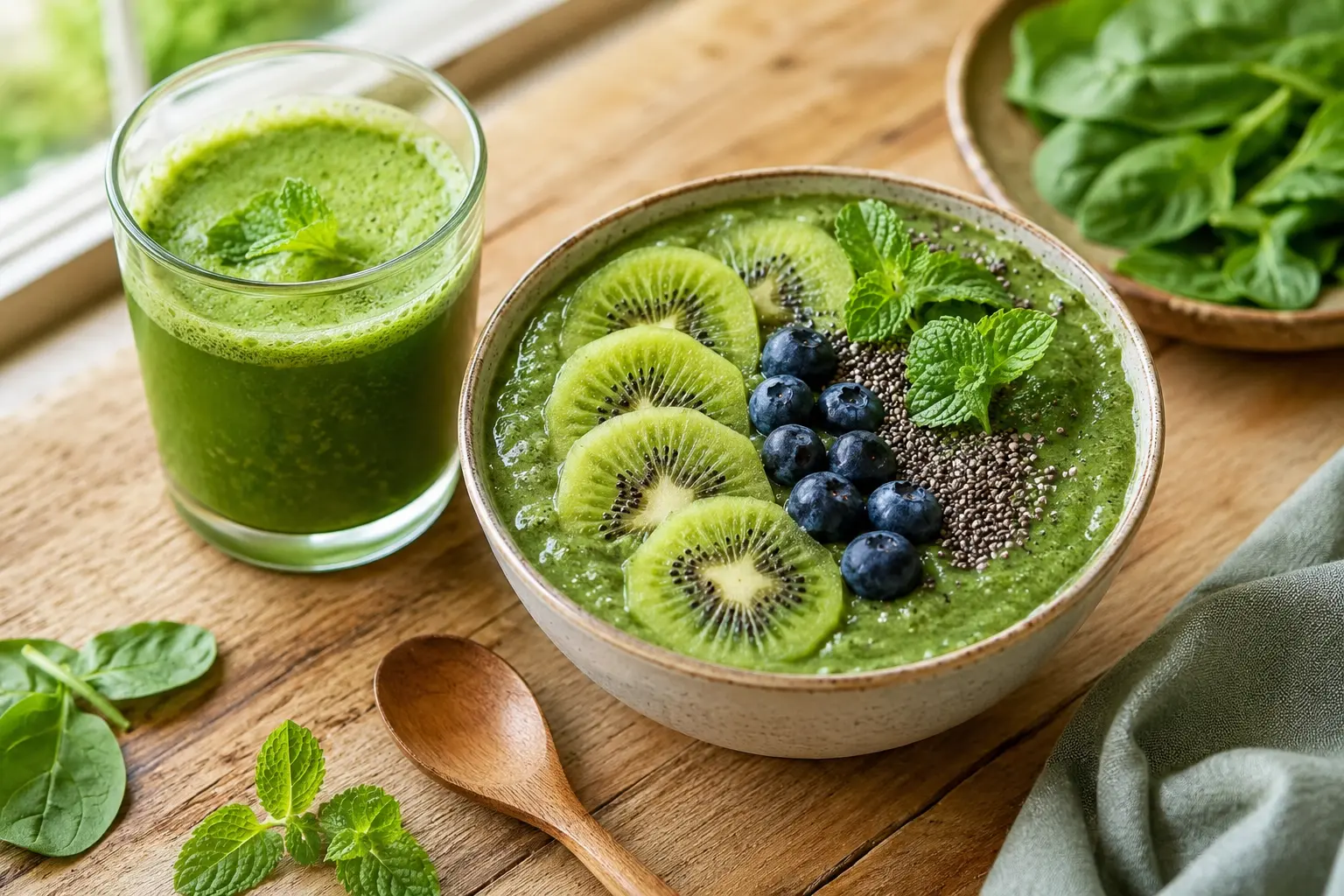 Ricette detox: smoothie bowl verde con kiwi, semi di chia, mirtilli e menta, accanto a un estratto verde