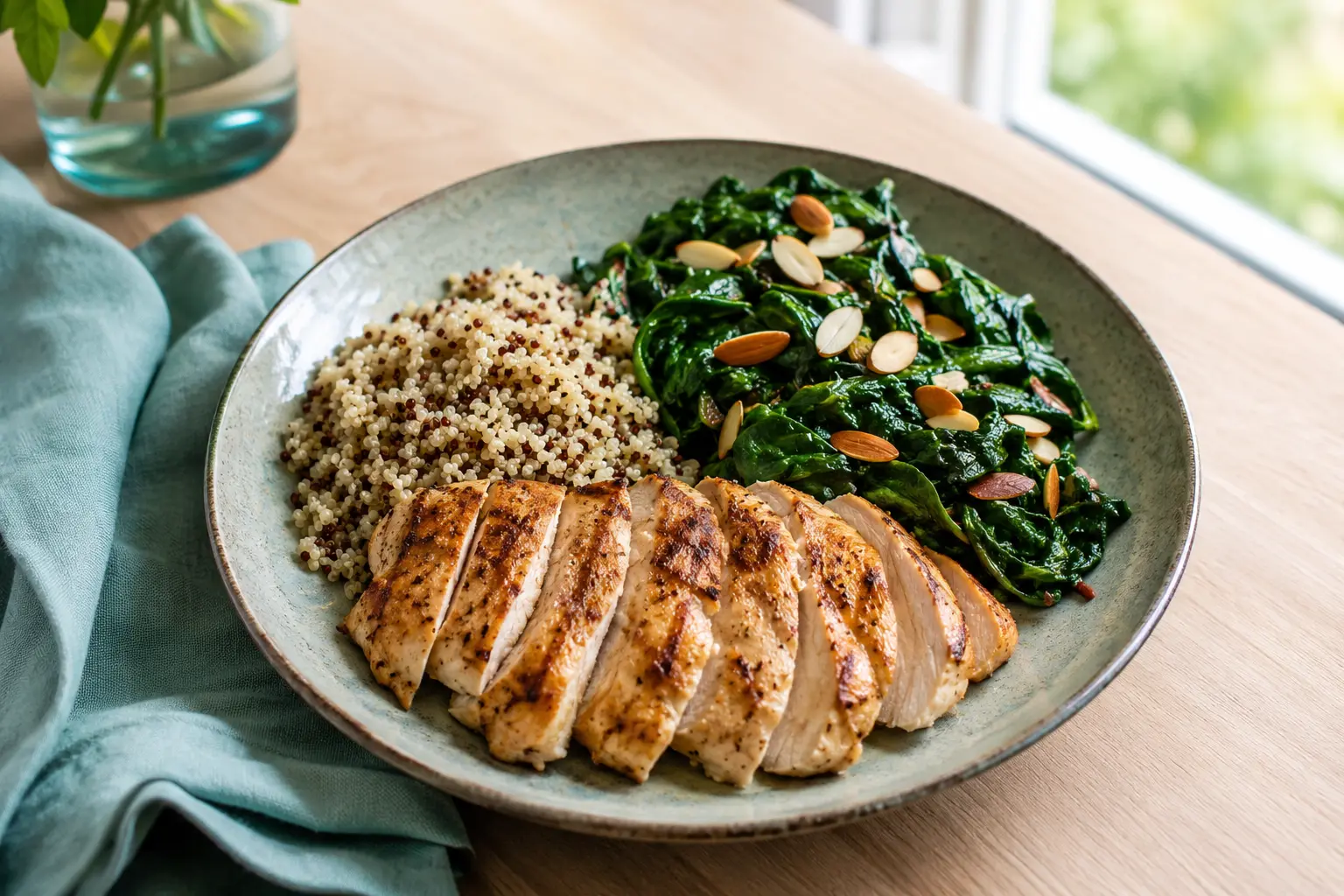 Ricette per diabetici: piatto bilanciato a basso indice glicemico con quinoa, pollo grigliato e spinaci
