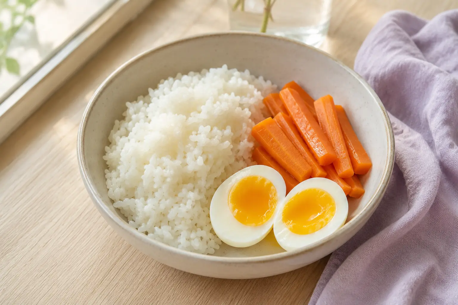 Ricette per gastrite: riso bianco con carote al vapore e uova alla coque, piatto delicato e leggero