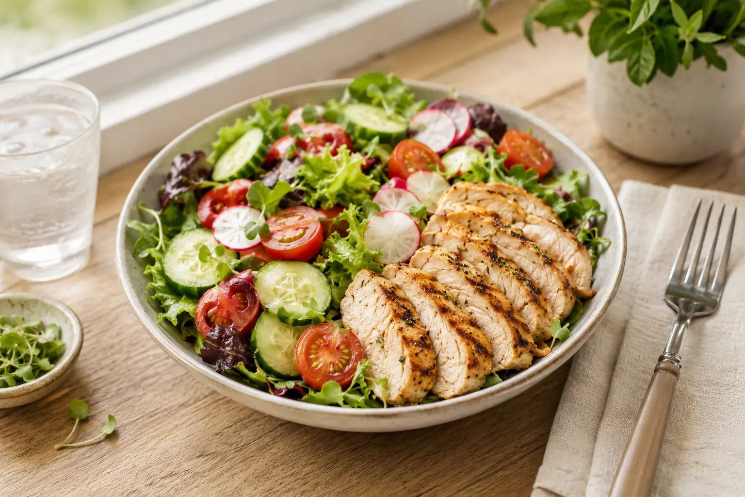 Ricette light: insalata bilanciata con verdure miste, cetriolo, pomodorini, ravanelli e pollo grigliato