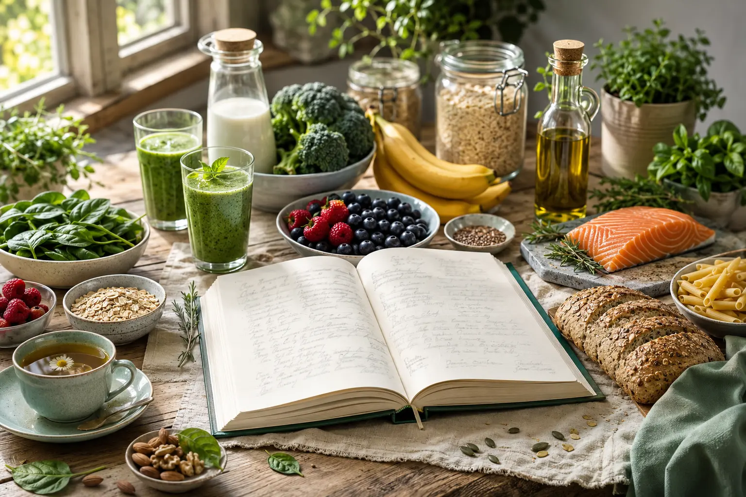 Libro di ricette aperto su un tavolo di legno con ingredienti sani: verdure, frutta, cereali e pesce