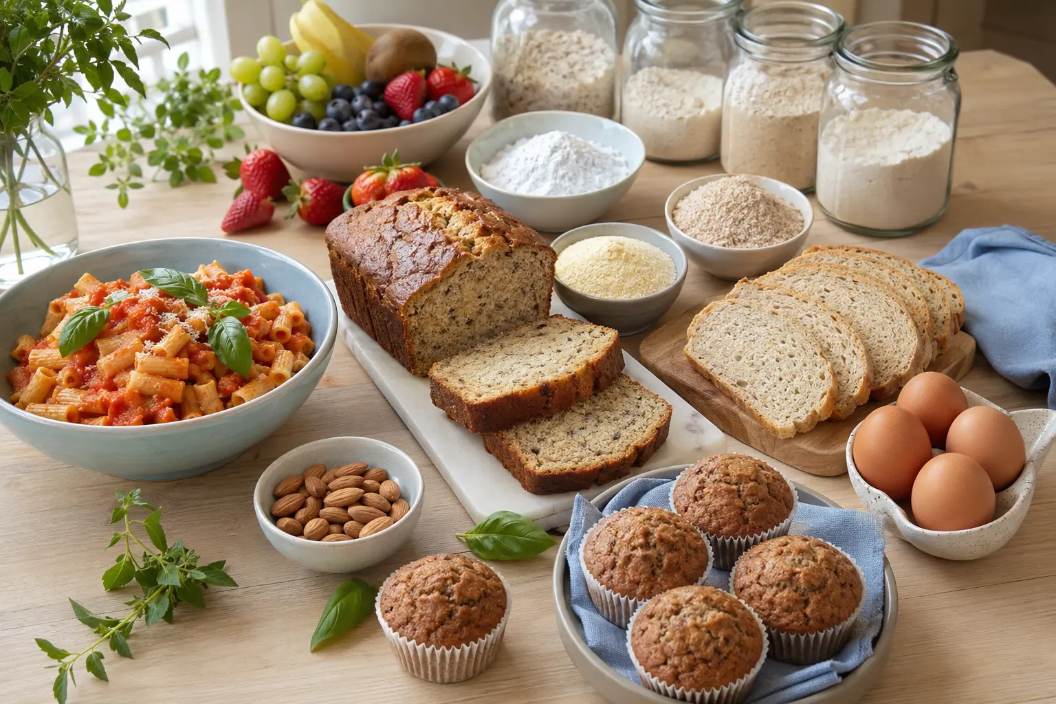 Tavola con ricette senza glutine: pane e dolci con farine di riso, mais, mandorle e castagne, pasta di mais e vasetti di farina gluten-free