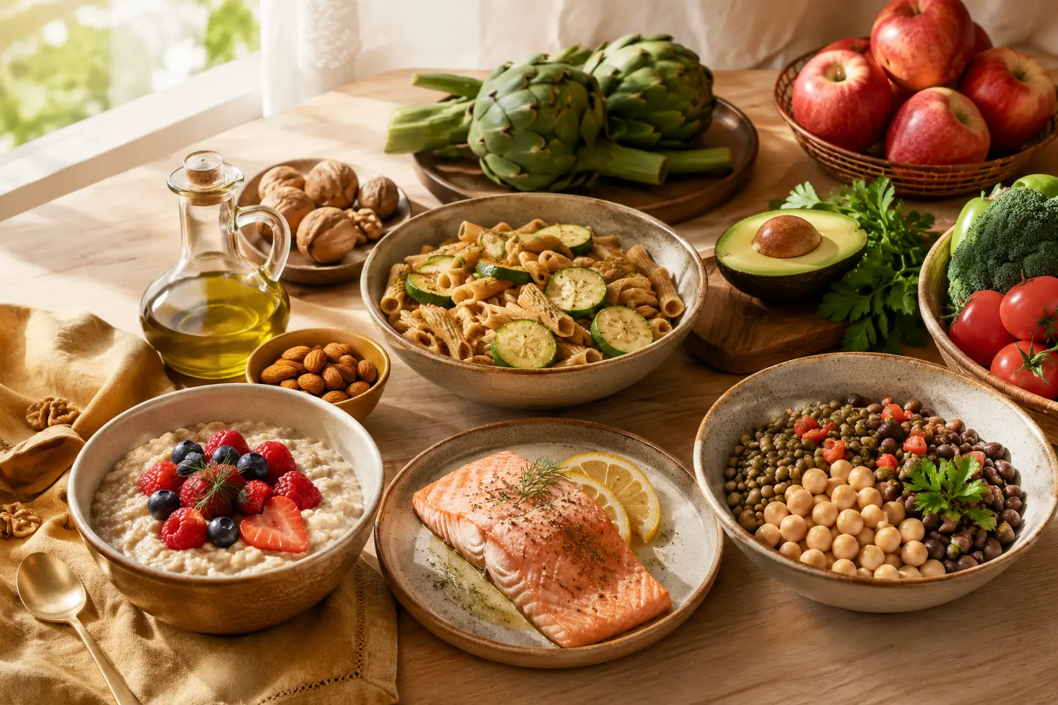 Piatti anti-colesterolo su tavolo in legno: porridge di avena con frutti rossi, salmone al vapore, legumi, carciofi, noci, avocado e olio extravergine d'oliva