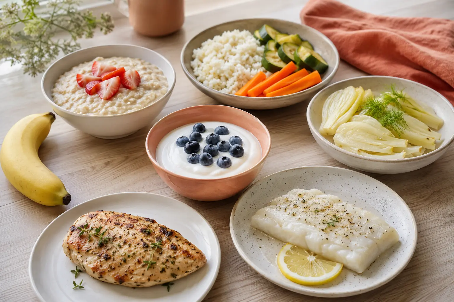 Piatti delicati e Low FODMAP per il colon irritabile: porridge di avena con fragole, riso con zucchine, carote, pesce bianco, pollo, banana e yogurt senza lattosio