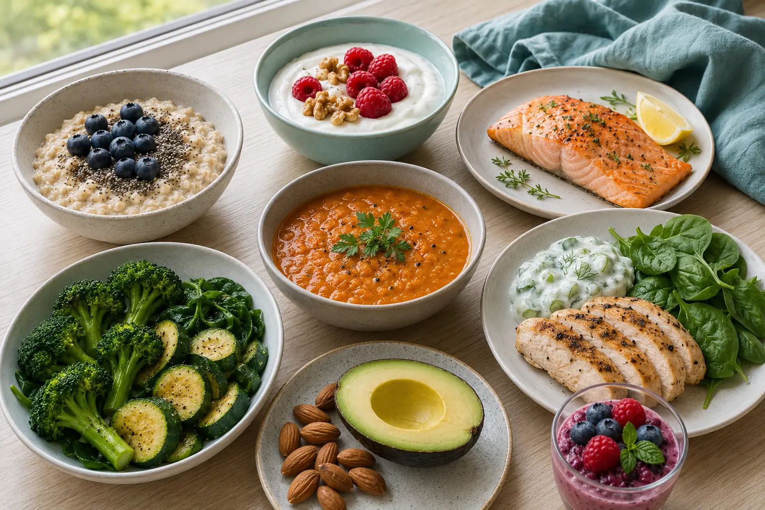 Piatti a basso indice glicemico per diabetici: porridge di avena con mirtilli e chia, yogurt greco con lamponi, salmone al forno, zuppa di lenticchie, pollo, verdure verdi e avocado