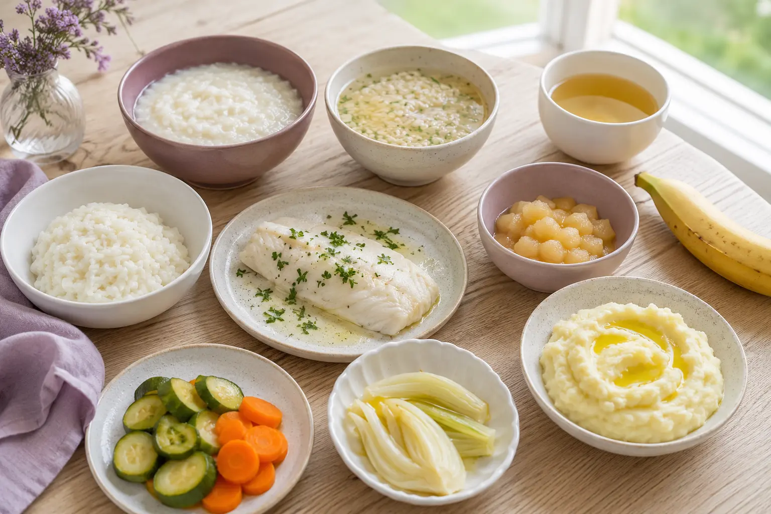 Piatti leggeri e digeribili per la gastrite: crema di riso, minestrina in brodo, riso in bianco, sogliola al vapore, verdure lessate, mela cotta e tisana alla malva