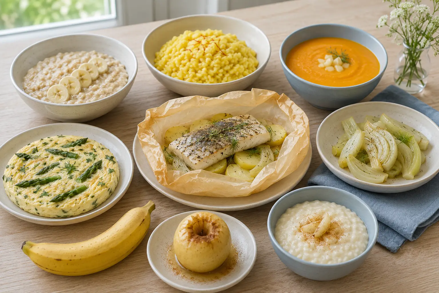 Piatti leggeri e non acidi per il reflusso gastroesofageo: porridge di avena e banana, risotto allo zafferano, branzino al cartoccio, vellutata di carote, mela cotta e budino di riso