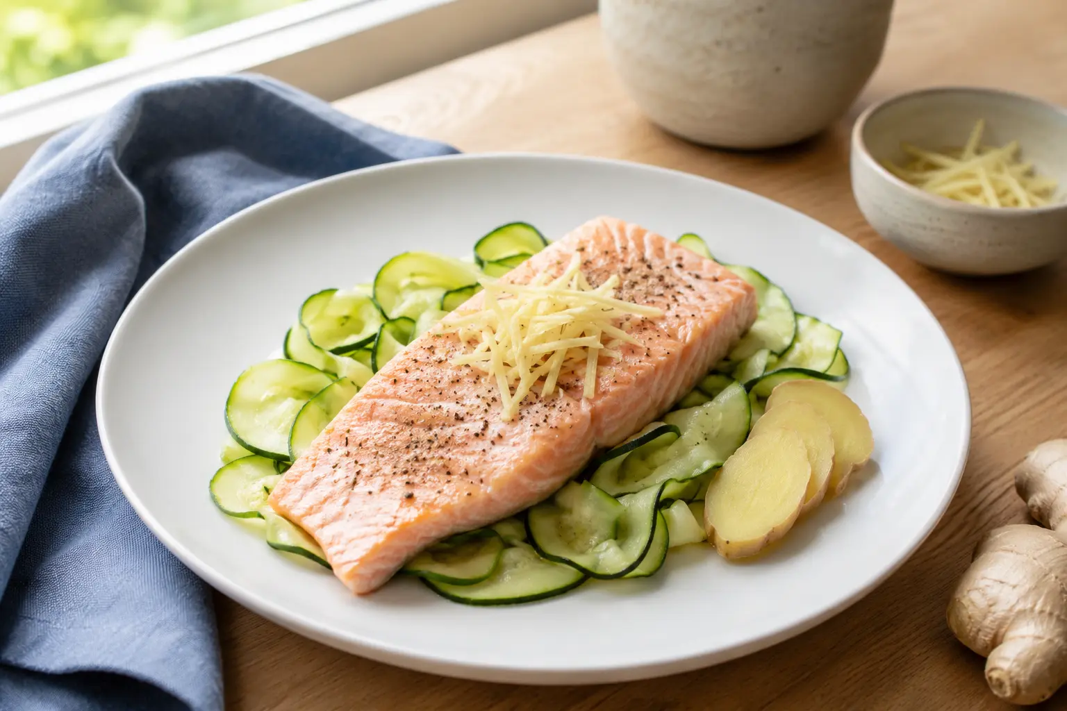 Ricette per reflusso: salmone al vapore con zucchine a nastro e zenzero, piatto leggero e non acido