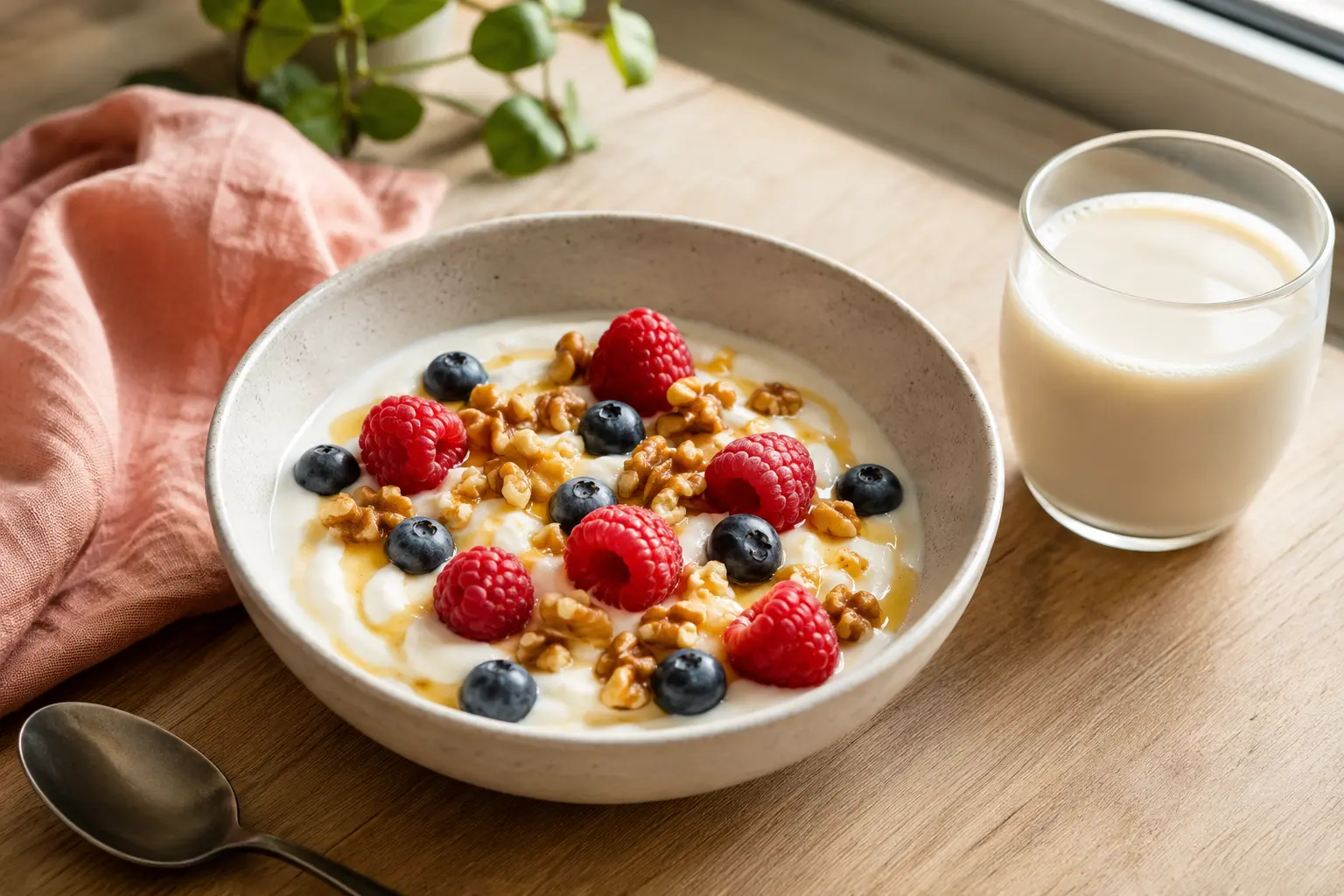 Ricette senza lattosio: yogurt vegetale con lamponi, mirtilli, noci e miele accanto a un bicchiere di latte vegetale