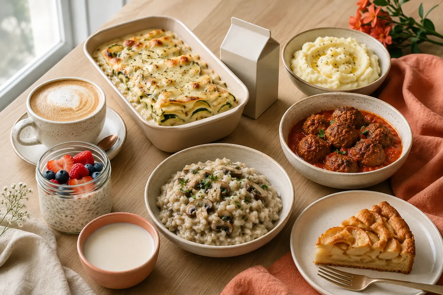 Ricette senza lattosio leggere e gustose: cappuccino con latte vegetale, overnight oats, lasagne bianche, risotto ai funghi, polpette al sugo e purè senza burro