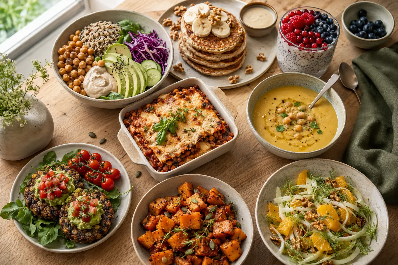 Ricette vegetariane sane e nutrienti: buddha bowl con quinoa e avocado, pancake all'avena, chia pudding, lasagne con ragù di lenticchie, vellutata di ceci, burger di legumi e verdure arrosto