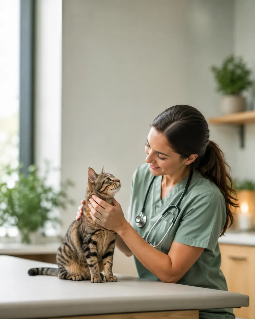Veterinaria che visita un gatto sereno e in salute: guida completa a malattie, sintomi e cura del gatto