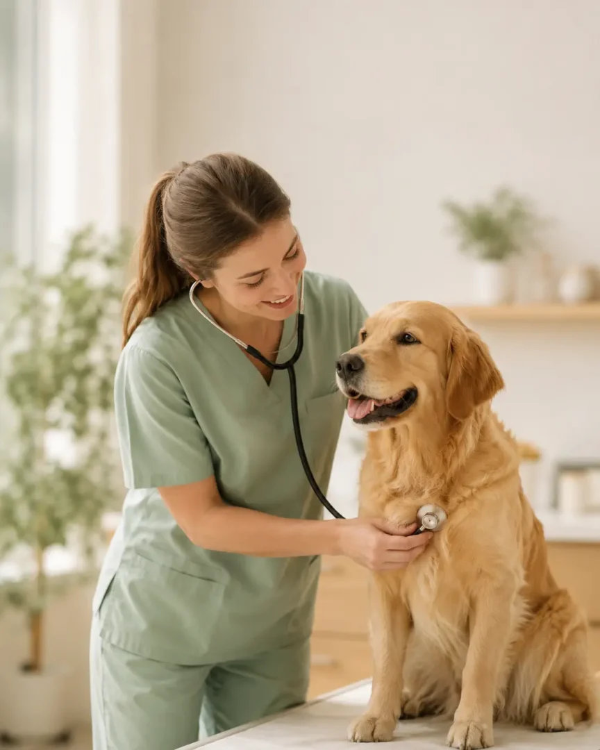 Veterinaria che visita un cane sereno e in salute: guida completa a patologie, sintomi e cura del cane