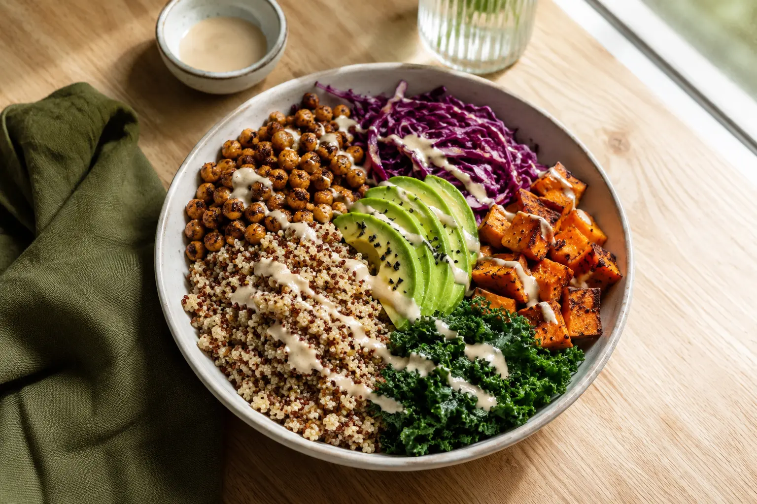 Ricette vegetariane: buddha bowl colorata con quinoa, ceci, avocado, cavolo rosso, patata dolce e kale