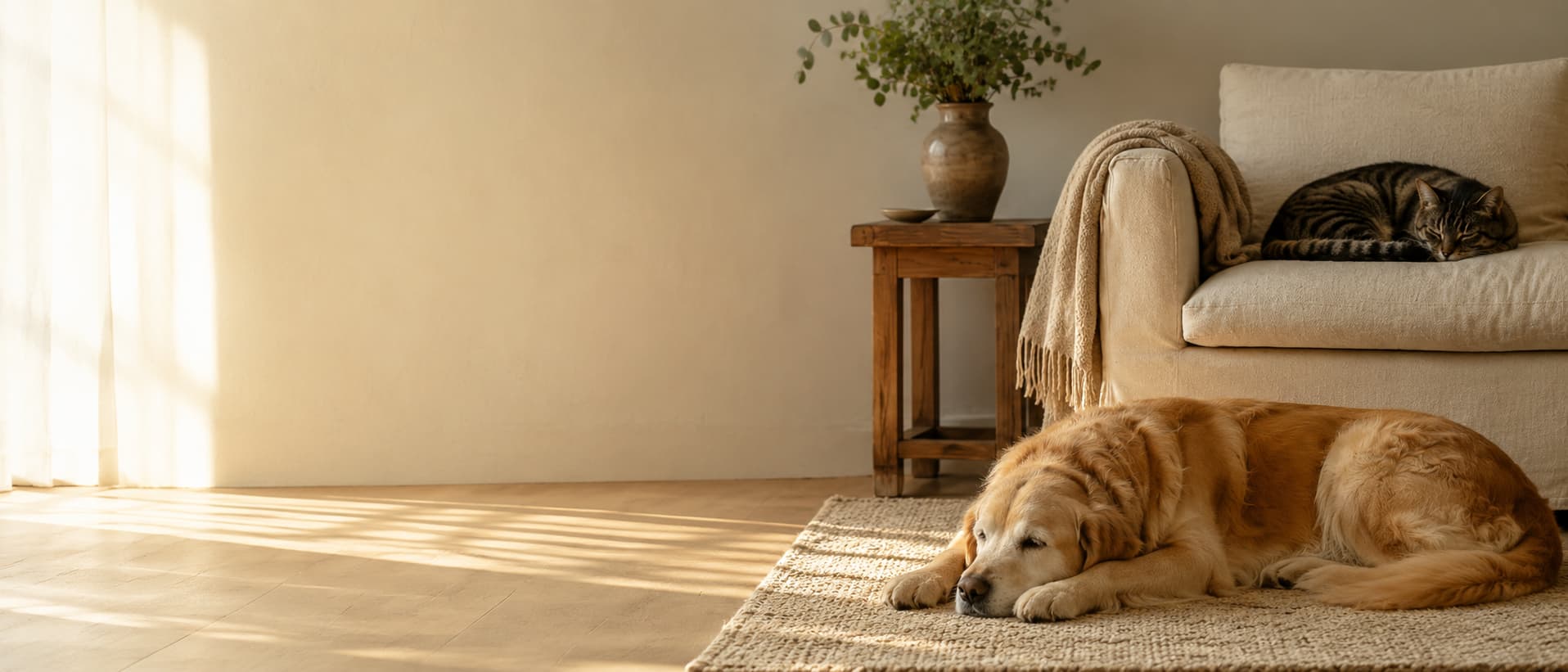 Cane e gatto rilassati in un salotto luminoso al mattino, simbolo della guida agli animali domestici di Leaderfarma Blog dedicata a razze, salute e benessere quotidiano di cani e gatti