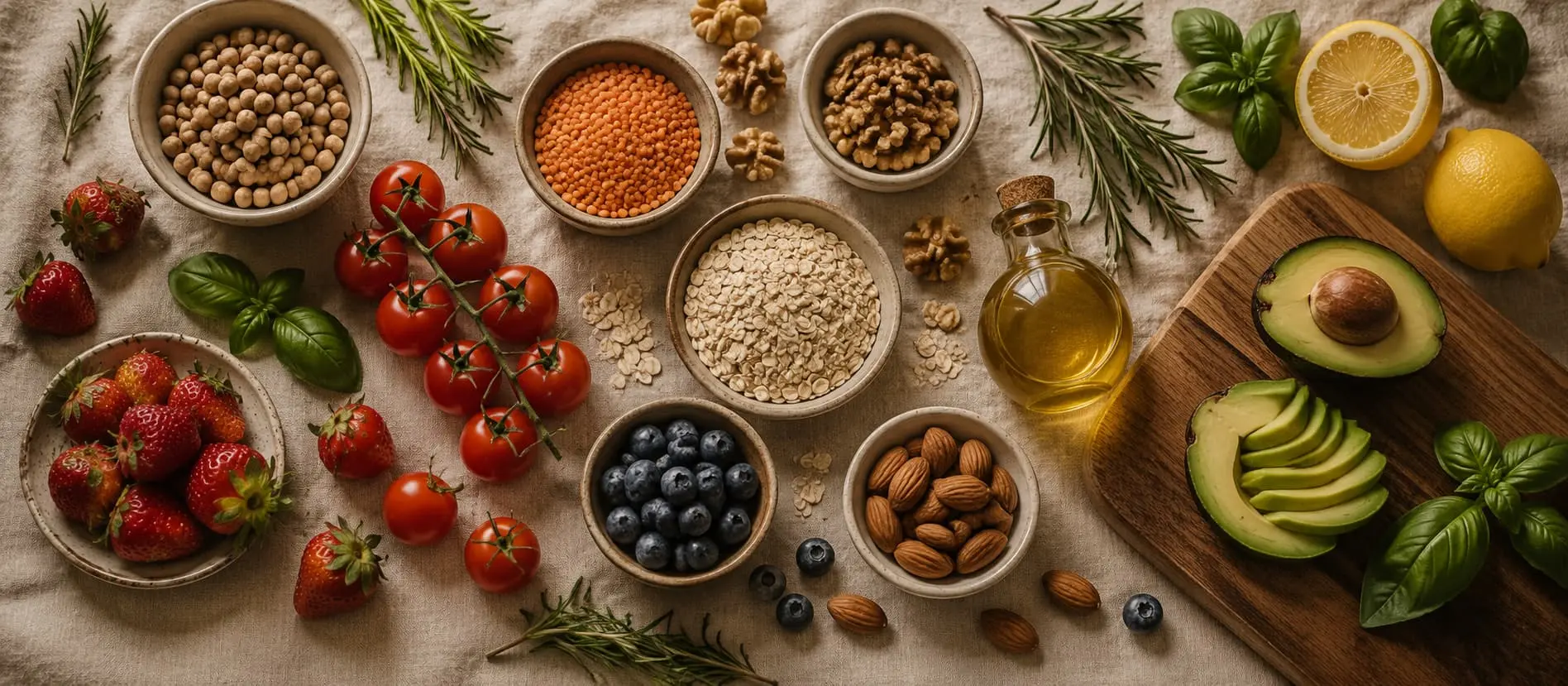 Ingredienti freschi naturali: legumi, frutta, verdura e olio extravergine di oliva