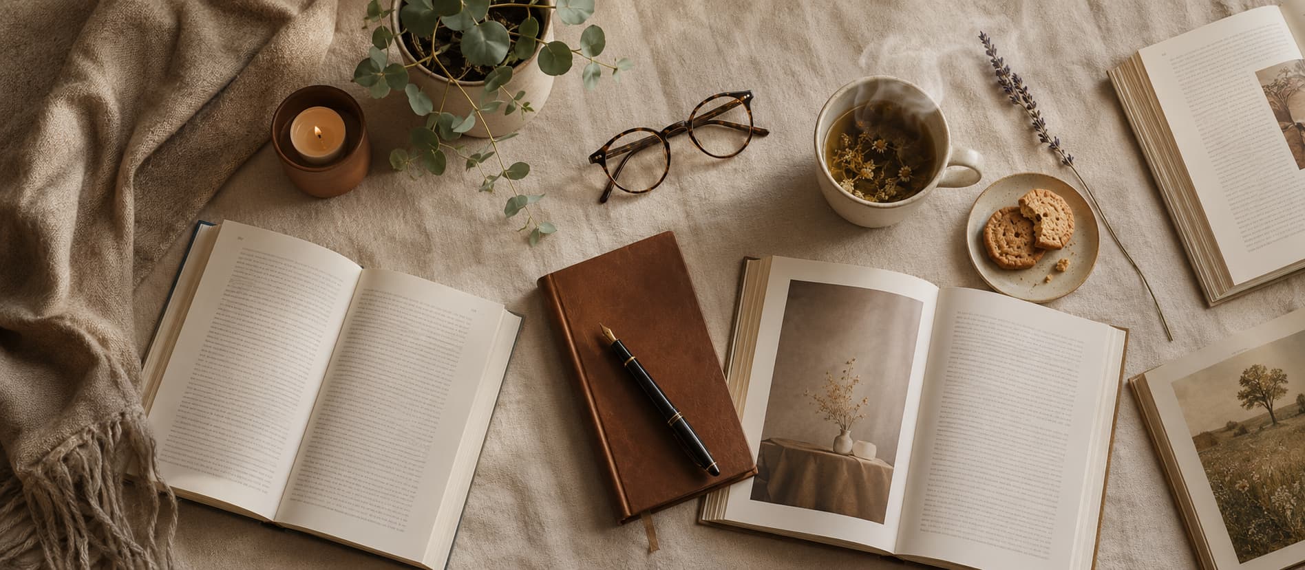 Libri aperti, taccuino, occhiali e tisana: approfondimenti su salute e benessere