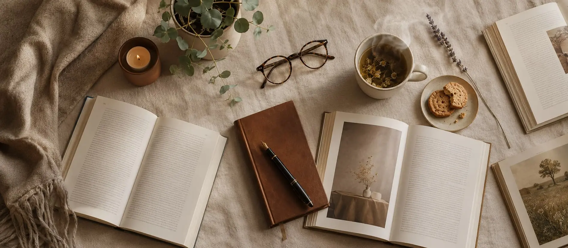Libri aperti, taccuino, occhiali e tisana: approfondimenti su salute e benessere