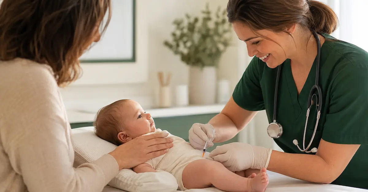 Neonato riceve il vaccino esavalente nella coscia in ambulatorio pediatrico, somministrato dal pediatra accanto al genitore.