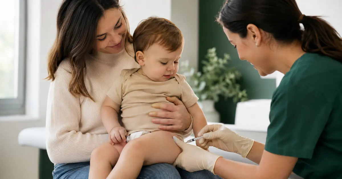 Bambino piccolo in braccio al genitore riceve il vaccino MPRV in ambulatorio pediatrico, contro morbillo, parotite, rosolia e varicella.