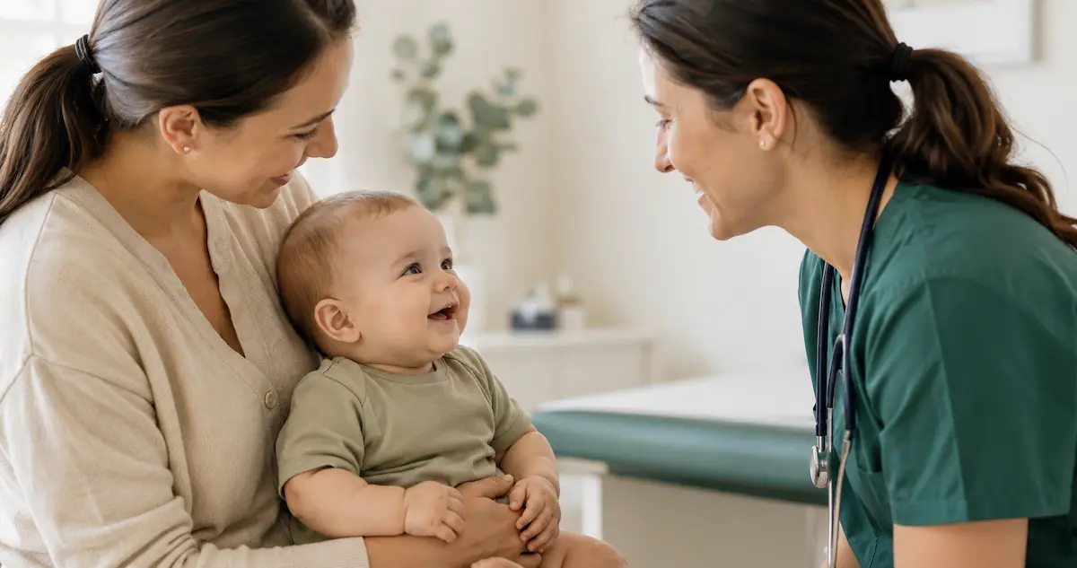 Neonato sereno in braccio al genitore in ambulatorio pediatrico, poco prima della somministrazione del vaccino anti-rotavirus.