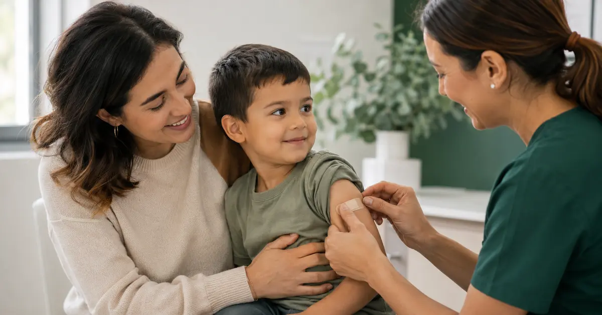 Bambino riceve il cerotto sul braccio dopo il vaccino anti-varicella in un ambulatorio pediatrico, accanto al genitore.