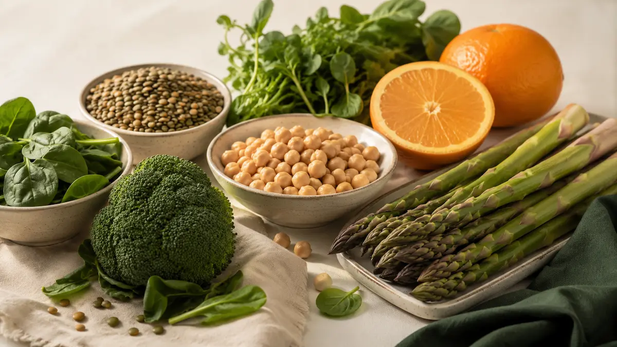 Alimenti ricchi di acido folico: lenticchie, verdure verdi, asparagi e ceci.