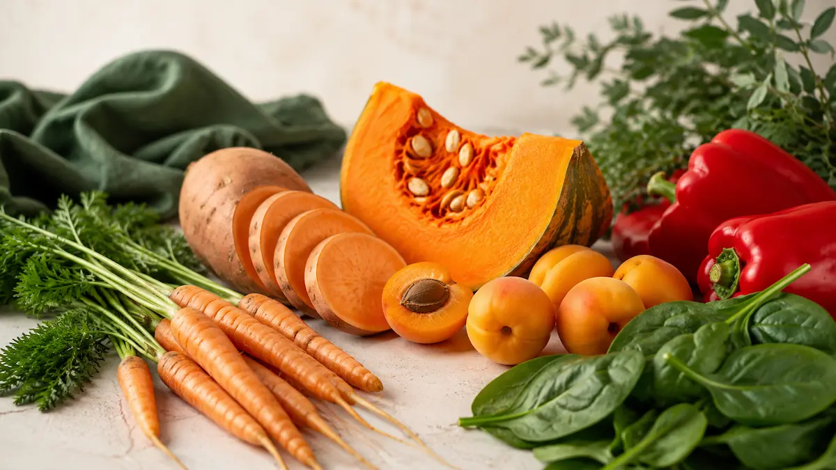 Alimenti ricchi di betacarotene: carote, patate dolci, zucca, albicocche e spinaci.