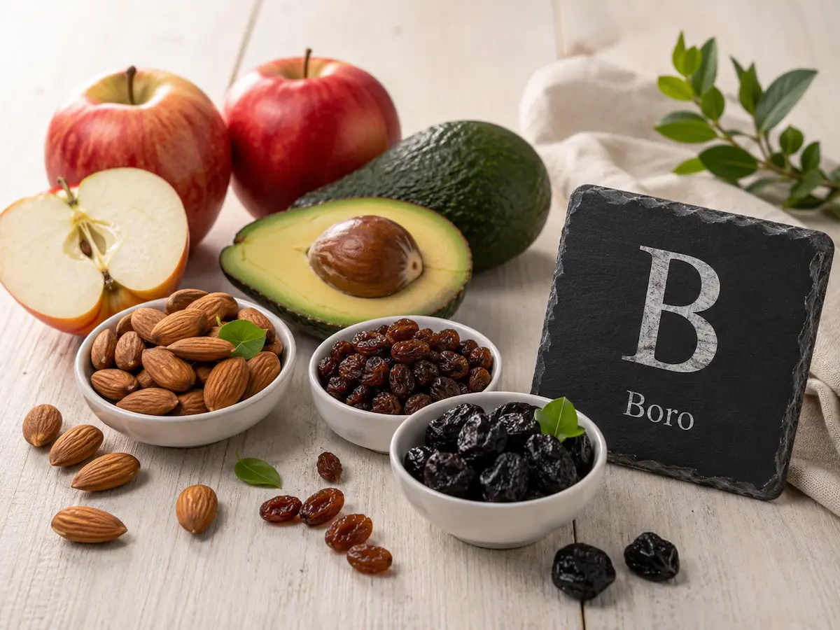 Frutta secca, prugne e mele fonte di boro accanto al simbolo chimico B.