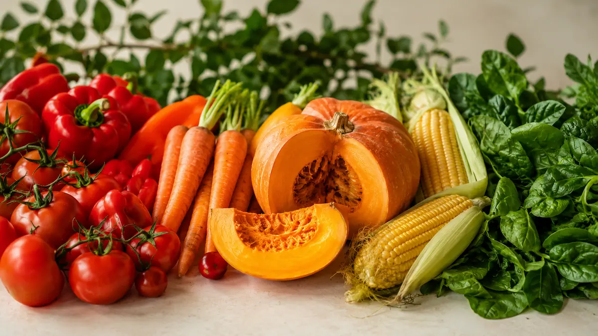 Alimenti ricchi di carotenoidi: pomodori, carote, zucca, peperoni e spinaci.
