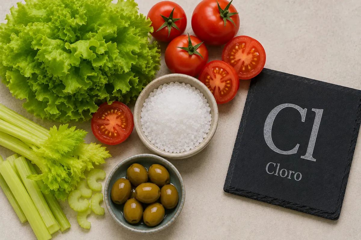Sale, pomodori e sedano fonte di cloro accanto al simbolo chimico Cl.