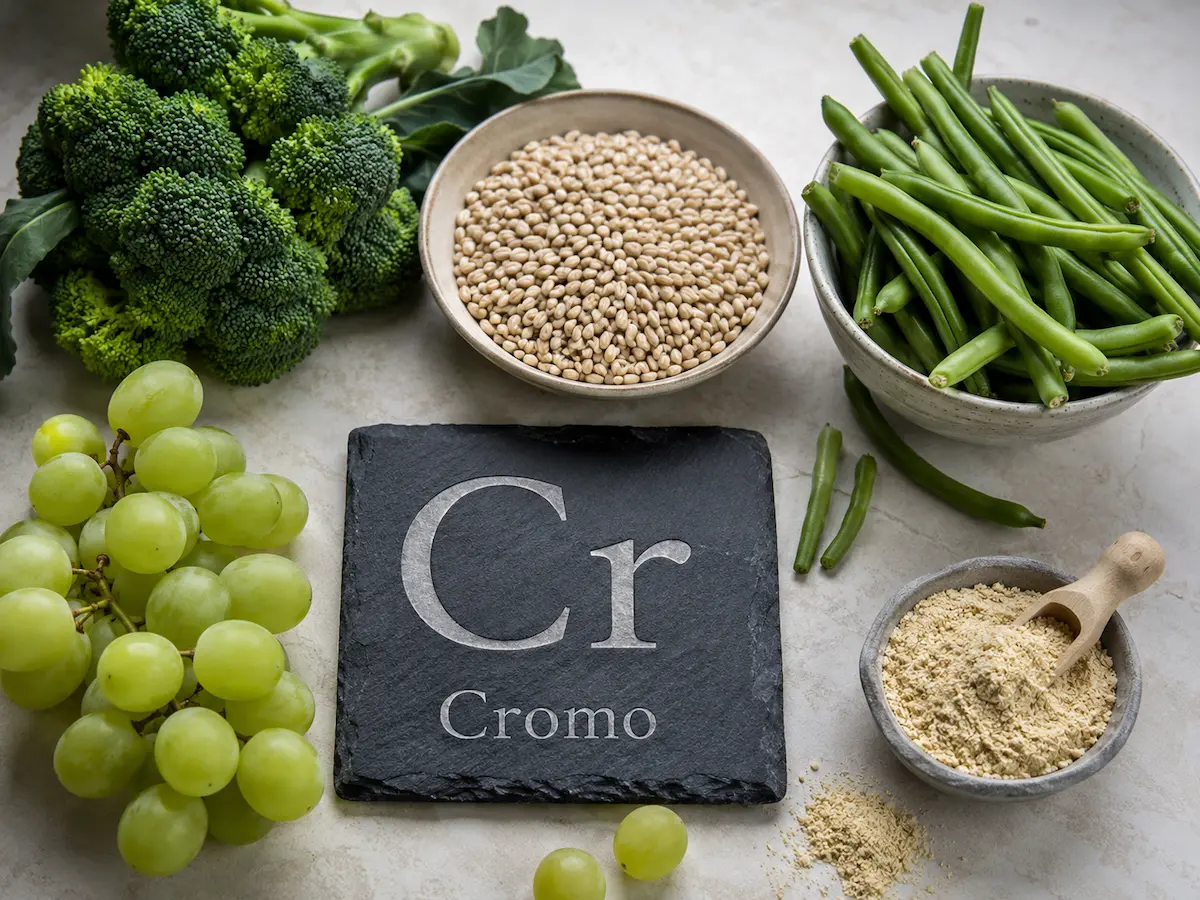 Broccoli, cereali integrali e uva fonte di cromo accanto al simbolo chimico Cr.