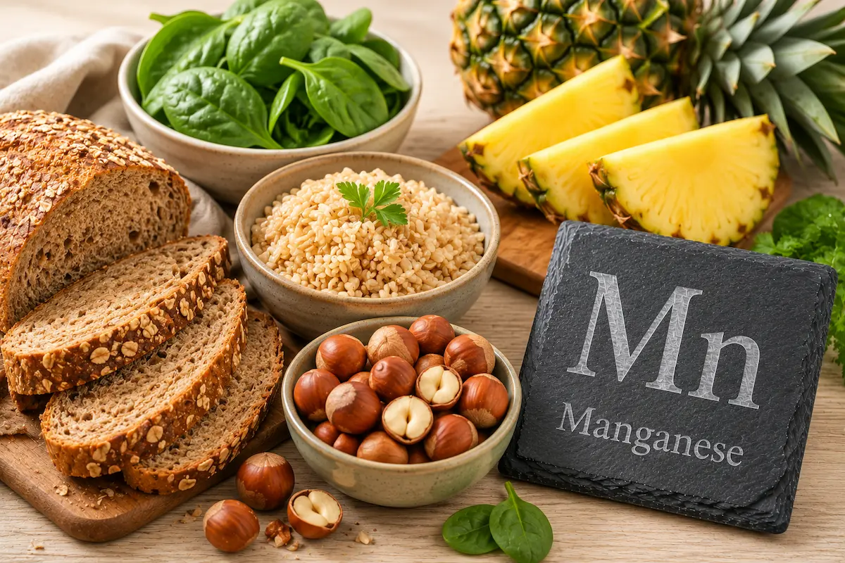 Frutta secca, ananas e cereali integrali fonte di manganese accanto al simbolo chimico Mn.