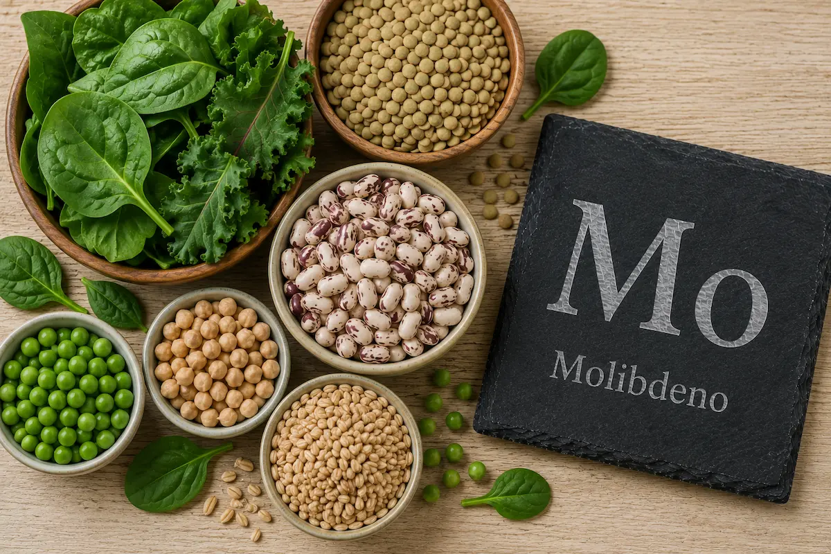 Lenticchie, fagioli e cereali integrali fonte di molibdeno accanto al simbolo chimico Mo.