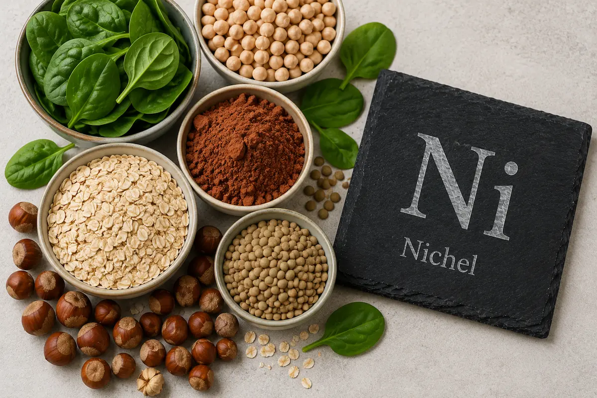 Nocciole, cacao e legumi contenenti nichel accanto al simbolo chimico Ni.