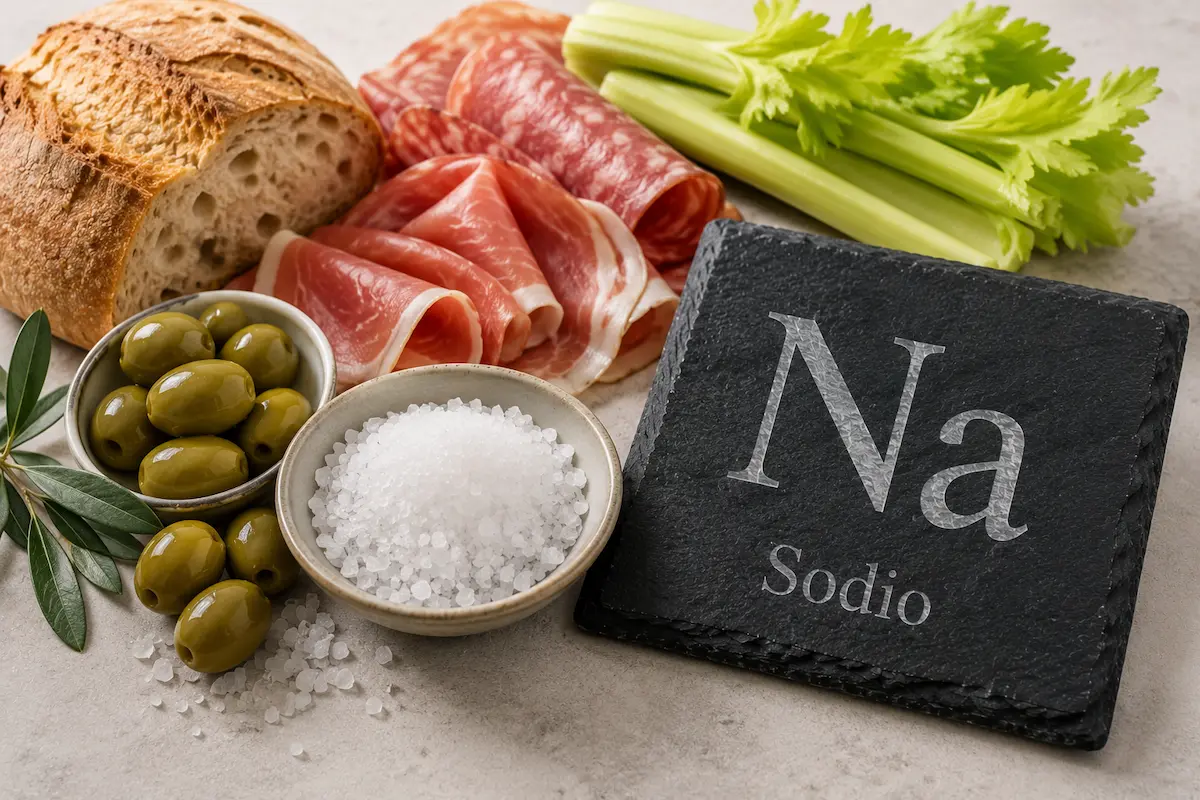Sale marino, olive e sedano fonte di sodio accanto al simbolo chimico Na.