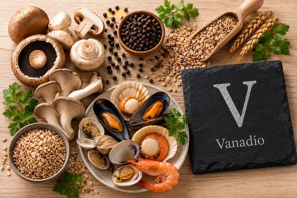 Funghi, cereali integrali e crostacei fonte di vanadio accanto al simbolo chimico V.